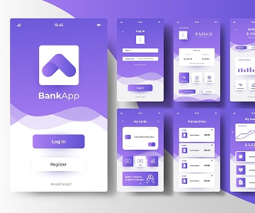 Mobile UI screens of BankApp in purple desig