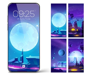 Futuristic phone lock screen with moon and landscapes